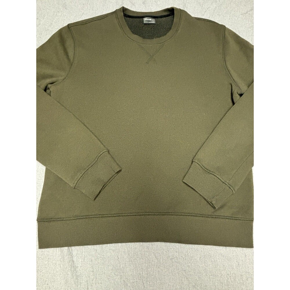 Eddie Bauer Sweatshirt Mens Large Olive Green Fleece Lined Crewneck Pullover